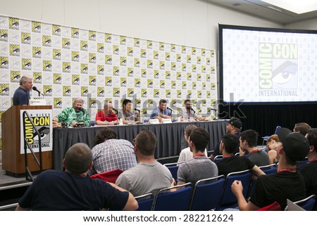 Comedian Chris Gore hosts a panel at San Diego ComiCon in San Diego California, July 2014.