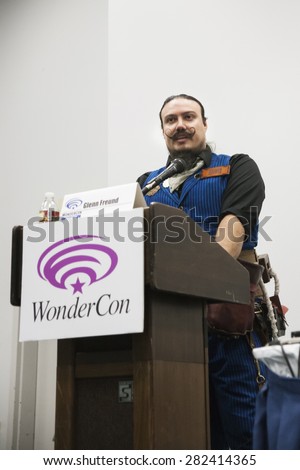 Cosplay group and web series The League of Steam member Glenn Freund hosts a panel about Steampunk Fashion at WonderCon in Anaheim, California, April 2014.