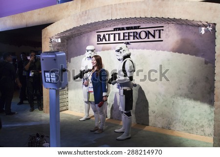 E3; The Electronic Entertainment Expo at the Los Angeles Convention Center, June 16, 2015. Los Angeles, California. Star Wars Battlefront Game Demo Booth with Stormtroopers.