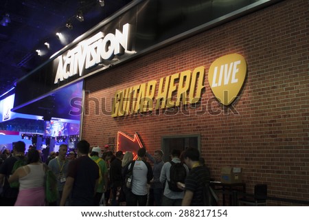 E3; The Electronic Entertainment Expo at the Los Angeles Convention Center, June 16, 2015. Los Angeles, California. The Guitar Hero game demo allowed players to become rock stars for a while.
