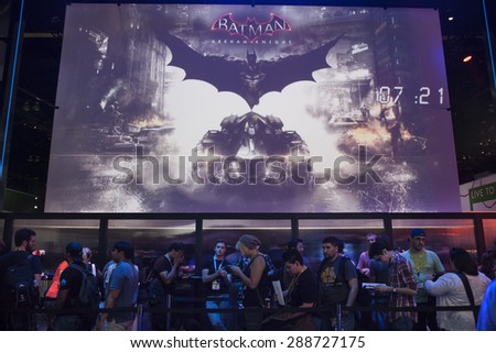E3; The Electronic Entertainment Expo at the Los Angeles Convention Center, June 16, 2015. Los Angeles, California. Batman Arkham Knight booth and the line to play the game.