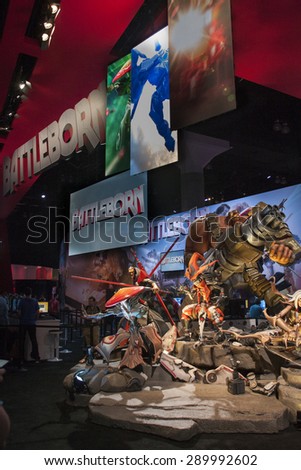 E3; The Electronic Entertainment Expo at the Los Angeles Convention Center, June 16, 2015. Los Angeles, California. 2K Booth featuring characters from Battleborn on display.