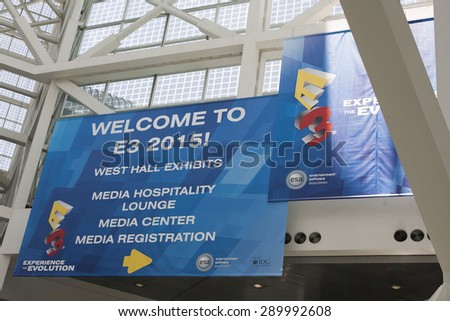 E3; The Electronic Entertainment Expo at the Los Angeles Convention Center, June 16, 2015. Los Angeles, California. Signage in the lobby of the convention center helped to direct attendees.