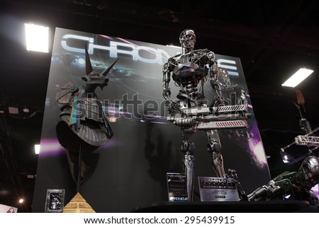 July 9, 2015: San Diego Comic Con, the annual pop culture and fandom convention in San Diego, California. Terminator replicas at the Chronicle booth.