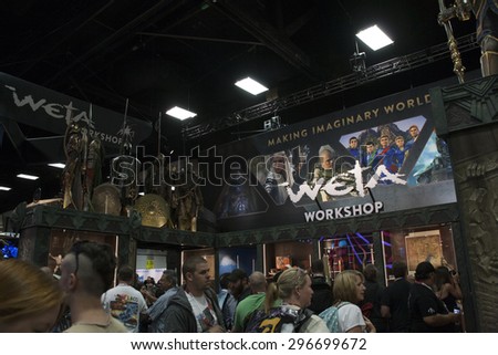 July 10, 2015: San Diego Comic Con, the annual pop culture and fandom convention in San Diego, California. WETA Booth featuring the armor from Warcraft.