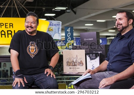 July 10, 2015: San Diego Comic Con, the annual pop culture and fandom convention in San Diego, California. Boom Studios Mel Caylo being interviewed at the Games Radar and Loot Crate booth.