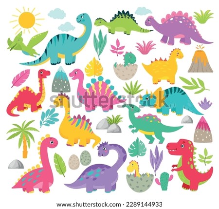 Cute colorful dinosaur set. Ancient world set. Illustrations of bright colors of dinosaurs of different nature. Dinosaur vector graphics. Isolated on white background.