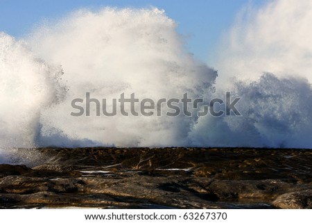 Huge wave explosion onto rocks