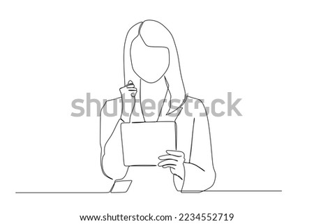 continuous line drawing of smiling businesswoman with the tablet