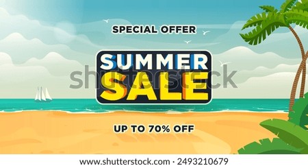 Summer sale, special offer. Colorful cartoon banner with a tropical beach.