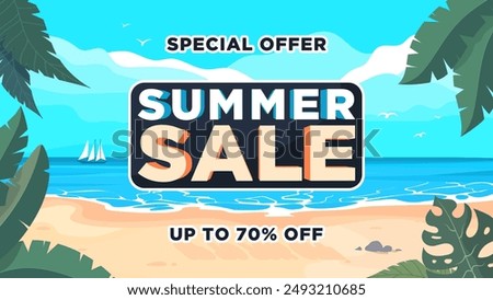 Summer sale beach banner with tropical leaves. Up to 70% off.