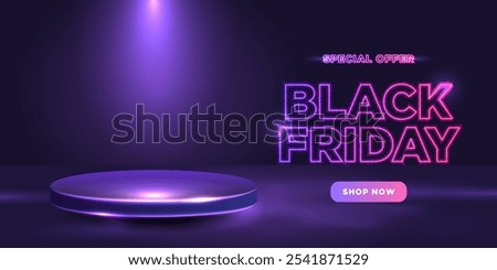 Black Friday neon banner with podium. Shop now.