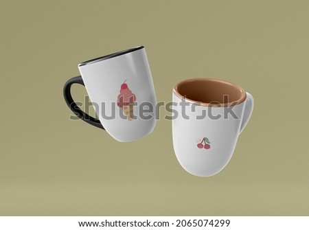 2 pairs of cute mugs with pictures of ice cream and cherries
