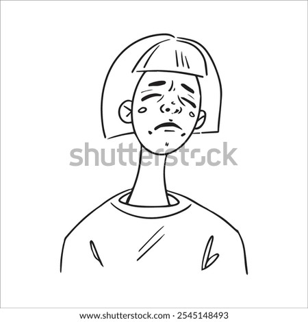 portrait of an emotion girl very sad doodle hand drawn linear vector illustration