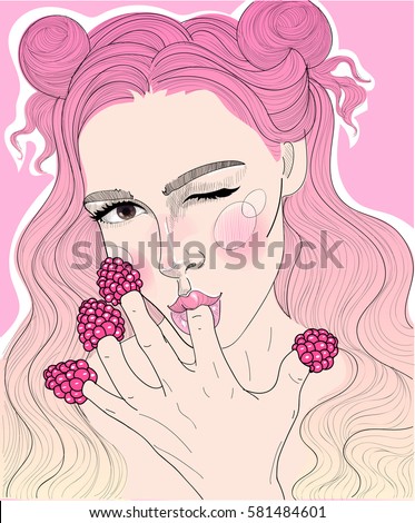 
vector beautiful girl with pink hair eating a raspberry on her fingers and winking