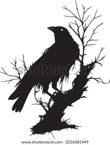 Black crow sitting on a branch of an oak tree, and Scandinavian runes, carved into stone, isolated on black, vector illustration. Crow wings, grunge. A detailed raven with wings.
