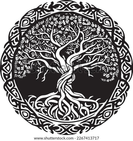 Celtic tree of life decorative Vector ornament, Graphic arts, dot work. Grunge vector illustration of the Scandinavian myths with Celtic culture.
