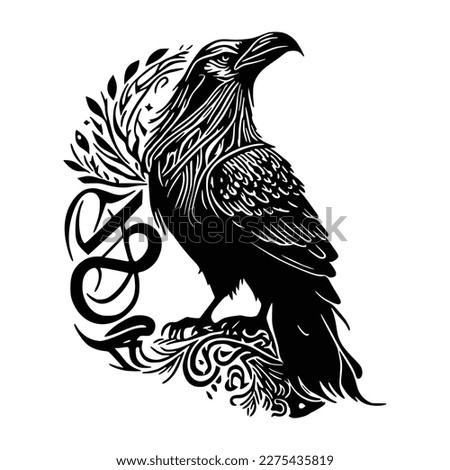 Odin's Celtic Raven. Vector illustration of Scandinavian myths. Scandinavian tattoo. Runic symbols. Triaxle, Celtic cross, Gungir and knots.