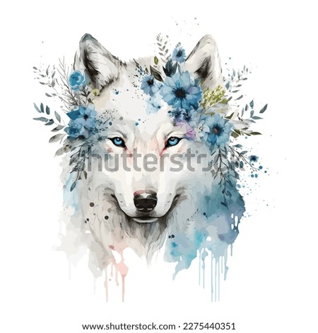 Vector illustration of a front view of flowers and a wolf head. Vector illustration for tattoos, posters, prints, and t-shirt.