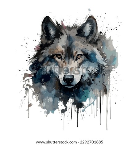 Wolf hand painted watercolor illustration isolated on white background with splashes of watercolor.