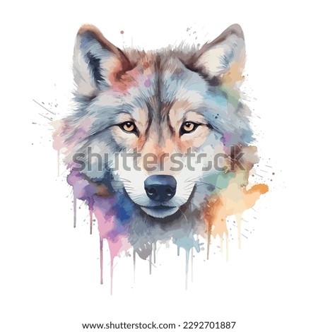 Wolf hand painted watercolor illustration isolated on white background with splashes of watercolor.