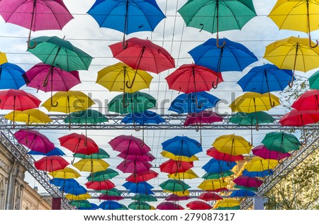 Street decorated with colored umbrellas next to state Art-industrial Academy.Salt lane.Saint-Petersburg.Russia