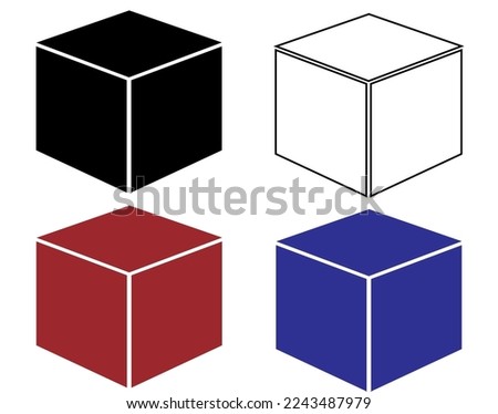 Cube icon. Black, white, red and blue cube set isolated on white background. Geometric shaped cube box