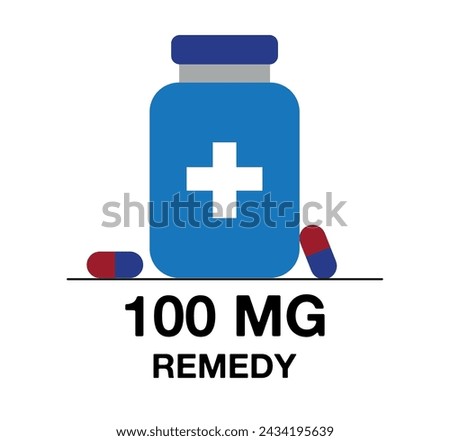 100 mg remedy. Medicine pill vector with milligrams, medicine and health care concept
