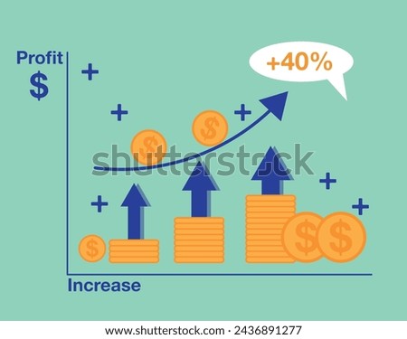 40% profit, graph increase. Vector of earnings, business negotiations, increase in companies. Profitable coins and increase arrows