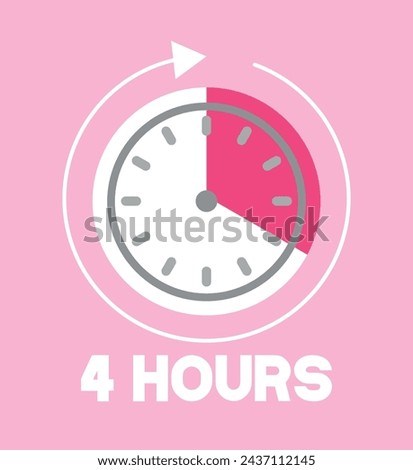 4 Hours pink clock. Time marker with clockwise arrow. Design remaining time