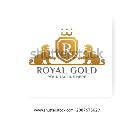 Luxury Royal Golden Badge Shield with Lion Logo Design Illustration