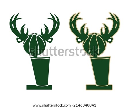 Bucks Basketball Trophy Cup with Antlers 2022 2 in 1 Clipart, Two versions of Green American Basketball Symbol, Final Championship Trophy Silhouette
