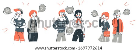 People talking phone set. Love couple talking concept. Communication and conversation with smartphone. Vector Illustration
