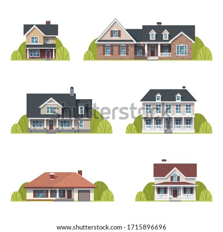 Houses set. Suburban American houses exterior flat design front view with roof and some trees. Collection of classic and modern American houses isolated on the white background. Vector Illustration