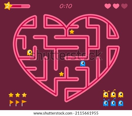 Heart labyrinth video game. Happy Valentine's Day concept. Pink maze heart casual video game on vinous background. Valentine's Vector Illustration Foto d'archivio © 
