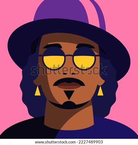 Pop-art portrait of a man with glasses, a hat and earrings flat design illustration with pink background. Rock'n'rolla man with a beard Vector Illustration