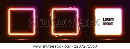 Neon glowing square set on a dark background. Square neon template for any text. Neon banner set, light design. Vector Illustration