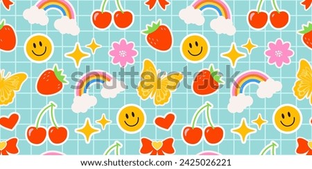 Emoji on a checkered blue background. Children's pattern with bright elements in the form of stickers. Groovy hippie pattern. Labels. Rainbow, flower, sparkle, butterfly, cherry, and smile.