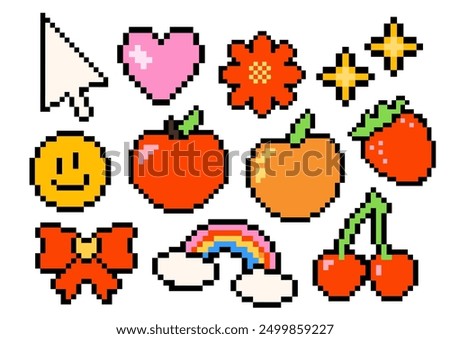 Set of illustrations in the pixel art style. Vector 8-bit apple, bow, smile, peach, rainbow, flower, and sparkle. Retro wave style. Retro game. Vintage computer video arcades. Isolated on white.