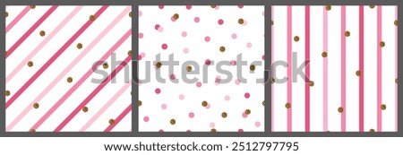 Vibrant set of three pink birthday patterns featuring diagonal, vertical stripes, and polka dots. Accented with gold glitter circles. Perfect for festive wrapping paper, invitations, ads, and cards.