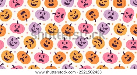 Cute and spooky Halloween pattern with pastel jack o lantern pumpkins  in pink, purple, and orange with various faces. Harvest backdrop. Background for fall seasonal decorations, and cozy home decor.	