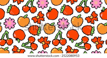 Vibrant pixel art pattern with fruits: cherries, strawberries, apples, and peaches, along with retro flowers. 80s, and 90s backgrounds. Perfect for textiles, and wallpapers. Nostalgic 8-bit style.