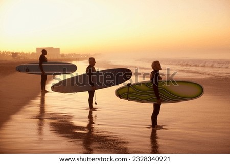 Similar – Image, Stock Photo Surfer standing at the beach with surfboard