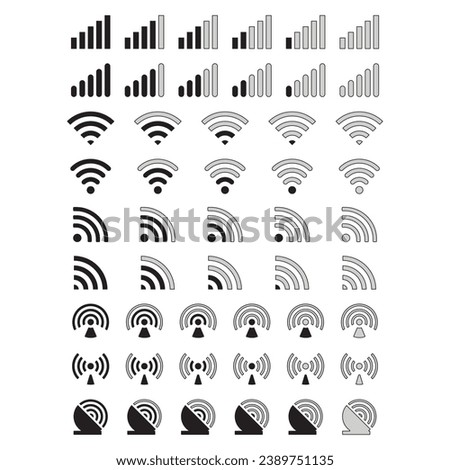 Wireless and Network vector line icon set. Contains linear outline icons like Connection, Signal, Internet, Phone, Radio, Computer, Wifi, Communication, Antenna. Editable use and stroke.