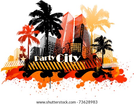 Summer beach concept downtown party city with palm tree and colorful paint splat