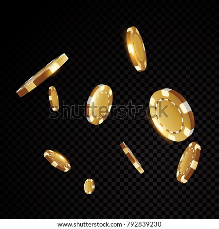 Gold casino poker chips flying in front of black background