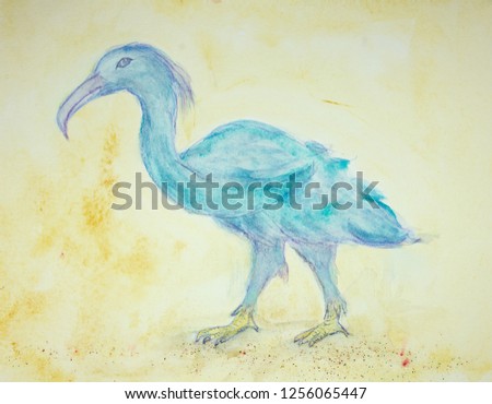 Blue ibis painting with gold background. The dabbing technique near the edges gives a soft focus effect due to the altered surface roughness of the paper.