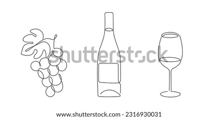 Wine set(grape, bottle, wine glass) drawn in one continuous line. One line drawing, minimalism. Vector illustration.