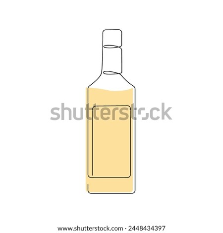 Bottle of tequila drawn in one continuous line in color. One line drawing, minimalism. Vector illustration.