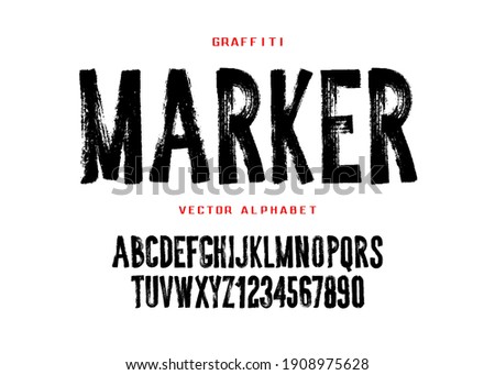 Graffiti marker font design. Hand drawn style geometric alphabet and numbers.